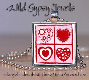 Hearts squared Valentine Day pop culture glass tile metal pendant charm necklace