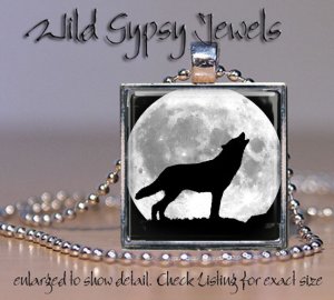 Wolf Silhouette full Moon howing B&W gray nature 1" glass tile pendant necklace