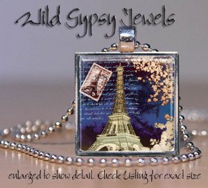 Paris Eiffel Tower Postage stamp Navy blue 1" glass tile pendant charm necklace