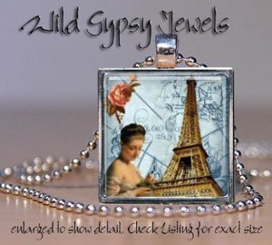 Paris Eiffel Tower ivory ephemera 1" glass tile pendant charm necklace gift idea