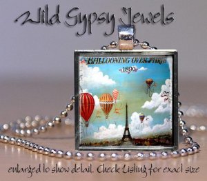 Paris Eiffel Tower Hot Air Balloons 1" glass tile pendant charm necklace gift