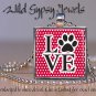 Red white polka dot Paw Print Rescue Pets LOVE glass tile metal pendant necklace