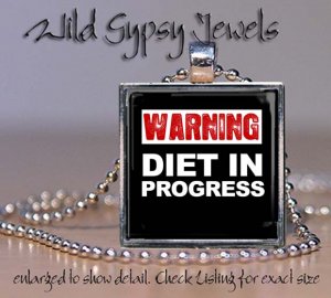 Diet Dieting Weight Loss Warning black white glass tile pendant necklace charm