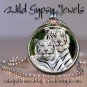 White Bengal tiger pair BIG CAT 1" round glass tile metal pendant charm necklace
