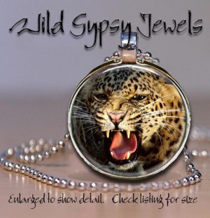 Angry Leopard snarling BIG CAT 1" round glass tile metal pendant charm necklace