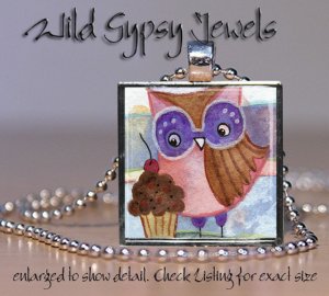 Whimsical Wise Old Owl CUPCAKE brown violet brite 1" glass tile pendant necklace