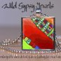 Multi colored HOT RED Lime blue aqua abstract ART 1" glass tile pendant NECKLACE