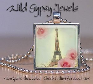 French Eiffel Tower Vintage Roses Aqua Pink 1" glass tile pendant necklace charm