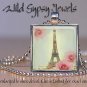 French Eiffel Tower Vintage Roses Aqua Pink 1" glass tile pendant necklace charm