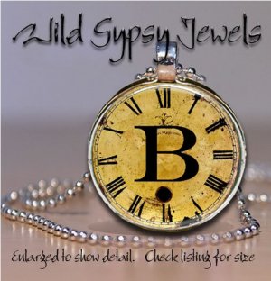 Initial ~ B Altered Art CLOCK face glass round cabochon Necklace Pendant Charm