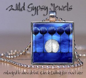Moon Trees night Bright colored blue abstract ART 1" glass tile pendant NECKLACE