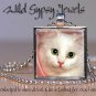 Cat PINK sweet cute White KITTEN Green Eyes 1" Glass Tile Metal Pendant Necklace