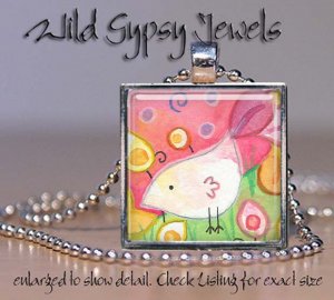 White Bird pink lime yellow green 1" glass tile pendant necklace NEW Low Price