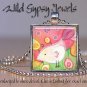 White Bird pink lime yellow green 1" glass tile pendant necklace NEW Low Price
