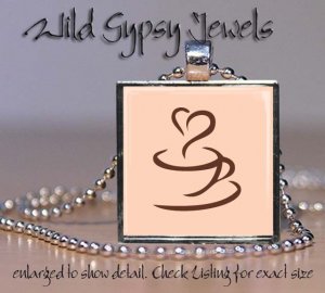 Coffee Lover cafe mug heart beige brown outline 1" glass tile pendant necklace