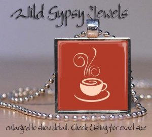 Coffee cup mug cafe lover caffeine beige rust 1" glass tile pendant necklace