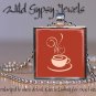 Coffee cup mug cafe lover caffeine beige rust 1" glass tile pendant necklace