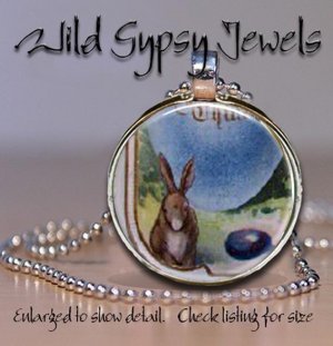 Blue Egg French Easter Bunny chic HOT 1" glass tile round metal pendant necklace
