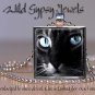 Cat sweet cute black white KITTEN blue Eyes 1" Glass Tile Metal Pendant Necklace