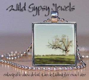 Landscape single tree blue sky green 1" glass tile square metal pendant necklace