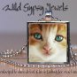 Cat sweet orange white cute KITTEN Green Eyes Glass Tile Metal Pendant Necklace