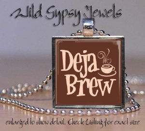 Coffee Lover caffeine brown beige Deja Brew cafe 1" glass tile pendant necklace