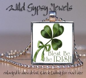 Shamrock Irish green St Patrick's Day 1" glass tile metal pendant charm necklace