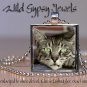 Cat sweet Tiger Tabby Grey KITTEN green Eyes Glass Tile Metal Pendant Necklace