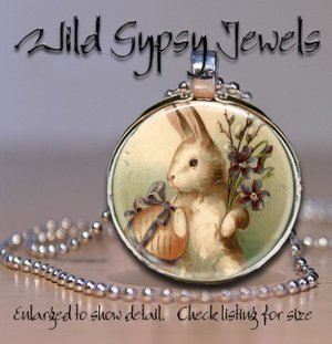 Petit Lapin French Easter Bunny chic 1" glass tile round metal pendant necklace