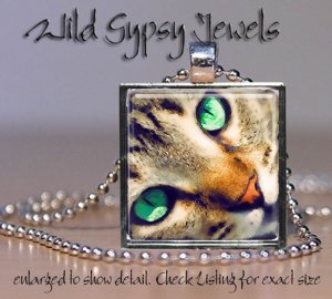 Cat sweet cute tabby KITTEN Green Eyes chic 1" Glass Tile Metal Pendant Necklace