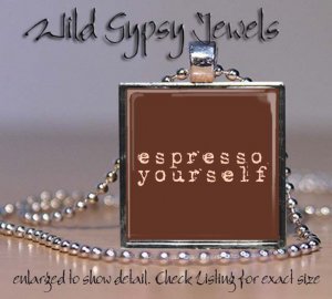 Coffee Lover caffeine Expresso brewed cafe 1" glass tile metal pendant necklace