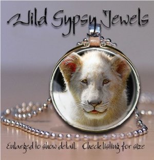 White Lion cub BIG CAT 1" round glass tile metal pendant charm necklace