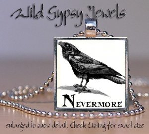 Gothic Punk Edgar Allen Poe Nevermore Black Raven 1" glass tile pendant necklace