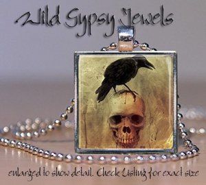 Black Raven Crow Gothic smiling skull Punk creepy 1" glass tile pendant necklace