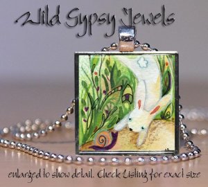 Bunny rabbit snail green tan watercolor print 1" HOT glass tile pendant necklace