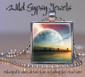 Surreal Celestial Landscape Moon Planet ocean 1" Glass Tile Pendant necklace