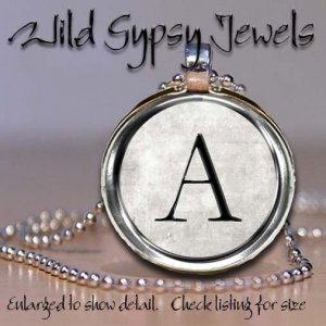 A-Z Initial alphabet Personalized Vtg Silver tone rd glass Tile Necklace Pendant