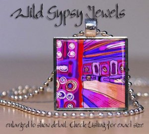 Abstract Art Multi colored Magenta Peach HOT Pink 1" glass tile pendant NECKLACE