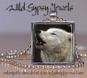 White wolf howling nature lover GIFT idea 1" glass tile metal pendant necklace