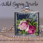 Chic shabby vtg postcard roses navy pink glass 1" tile pendant necklace made USA