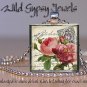 Antique Postcard Vtg roses peach pink green ivory 1" glass tile pendant necklace
