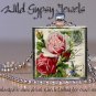 Antique Postcard Vtg roses chic shabby Pink Red 1" glass tile pendant necklace