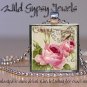 Antique Postcard roses vintage ivory PINK green 1" glass tile pendant necklace