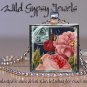 Antique Postcard navy vtg roses pink peach coral 1" glass tile pendant necklace