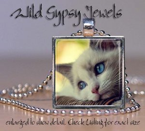 White Cat Kitten Blue eyes sweet cute chic 1" glass tile metal pendant necklac