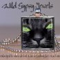 Black Cat Kitten green eyes sleek chic 1" HOT glass tile metal pendant necklace