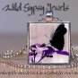 Black Butterfly Purple flower neutral bg glass tile metal pendant charm necklace