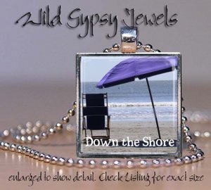 Down the Jersey Shore beach umbrella summer sea 1" glass tile pendant necklace