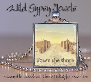 Down the Jersey Shore beach hazy morn summer sea 1" glass tile pendant necklace