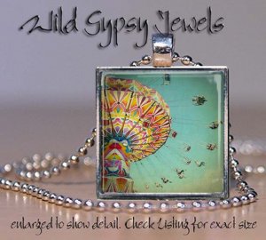 Amusement Park Wave Swinger Carousel Ferris Wheel 1" glass tile pendant necklace